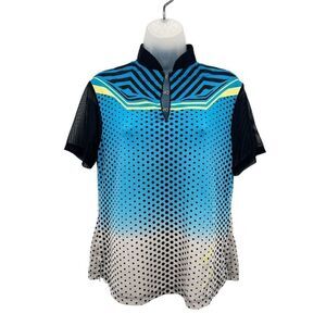 Jamie Sadock Short Sleeve Top Golf Shirt Women's Small Blue Polkadot Mesh Sleeve
